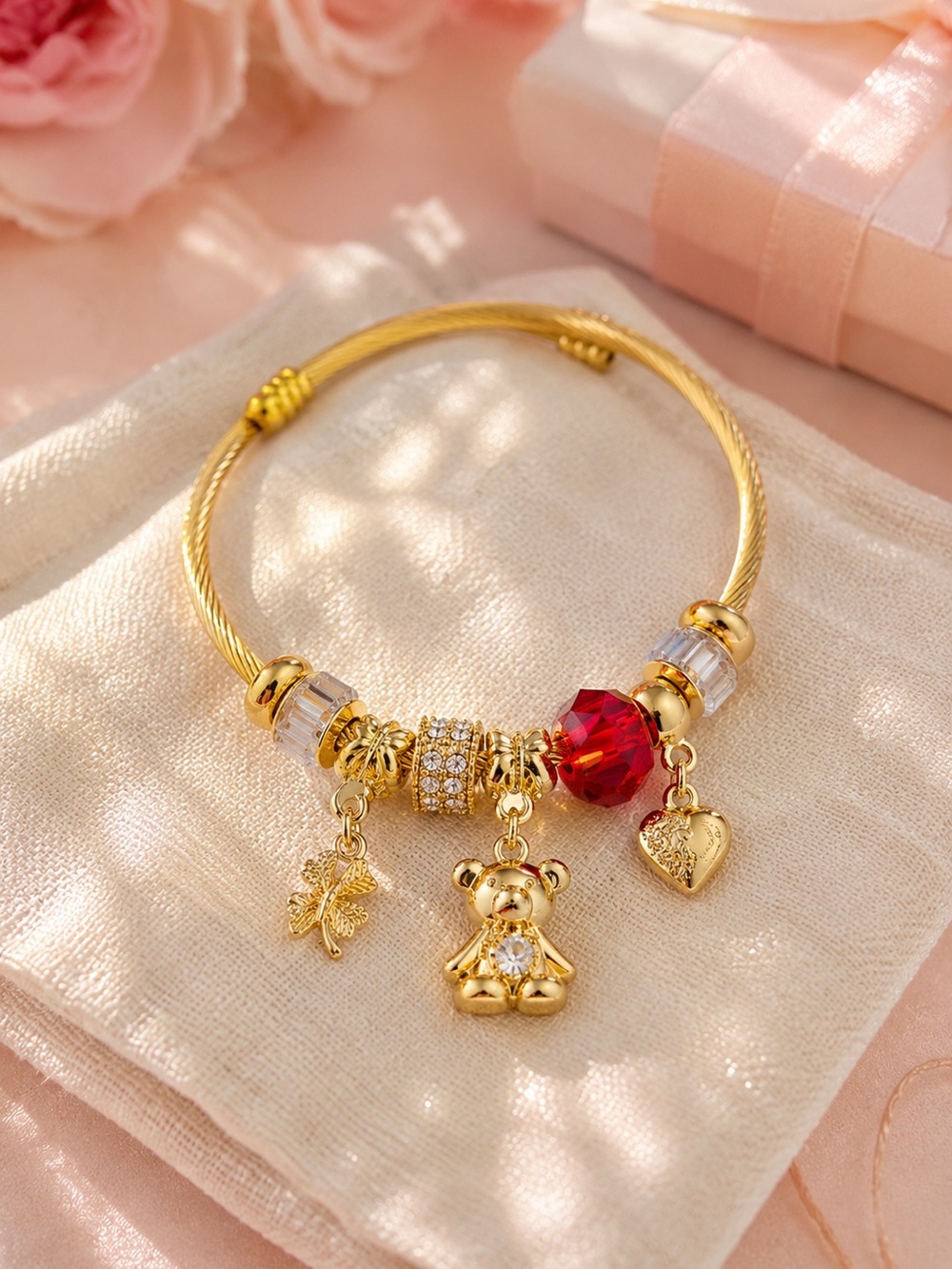 Gold Teddy Bear Charm Bracelet Adjustable Rhinestone Bangle Gift